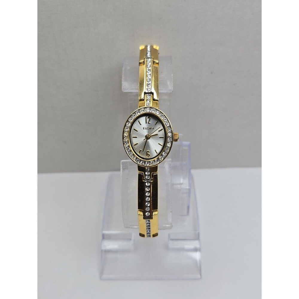 Womens Elgin Gold Tone Crystal Accent Oval Bracelet Dress Watch New Battery